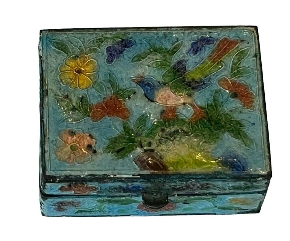 Antique Chinese Enamel Bird Flower Pill Box 1.25” Miniature Trinket Box